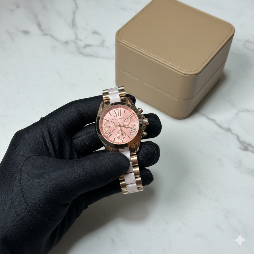 Rose Gold Luxury Chronograph Watch for Women Elegant Pink Dial with Dual-Tone Metal Strap