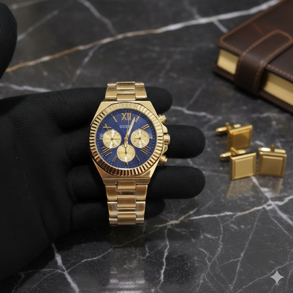 GUESS Gold Chronograph Watch – Blue Dial Luxury Edition