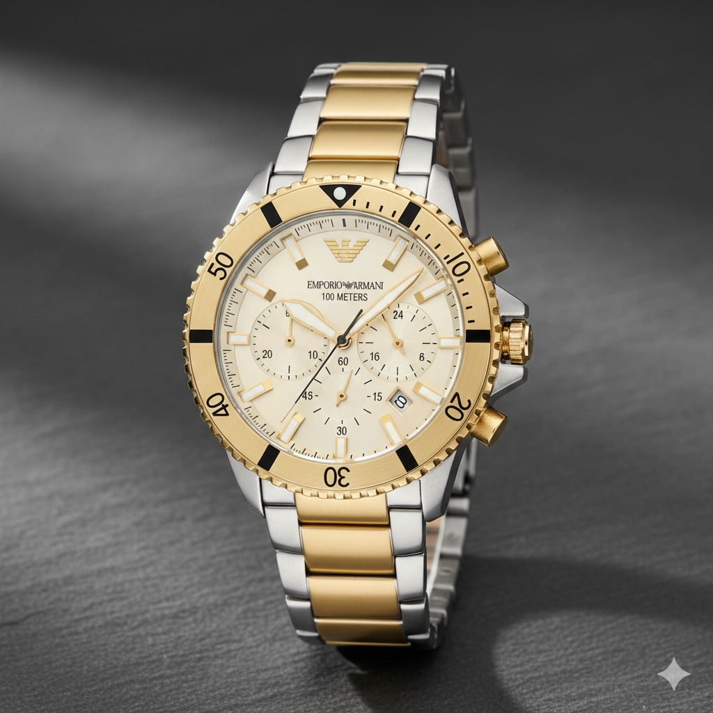 Emporio Armani Two-Tone Chronograph Watch – Gold & Silver Luxury Elegance
