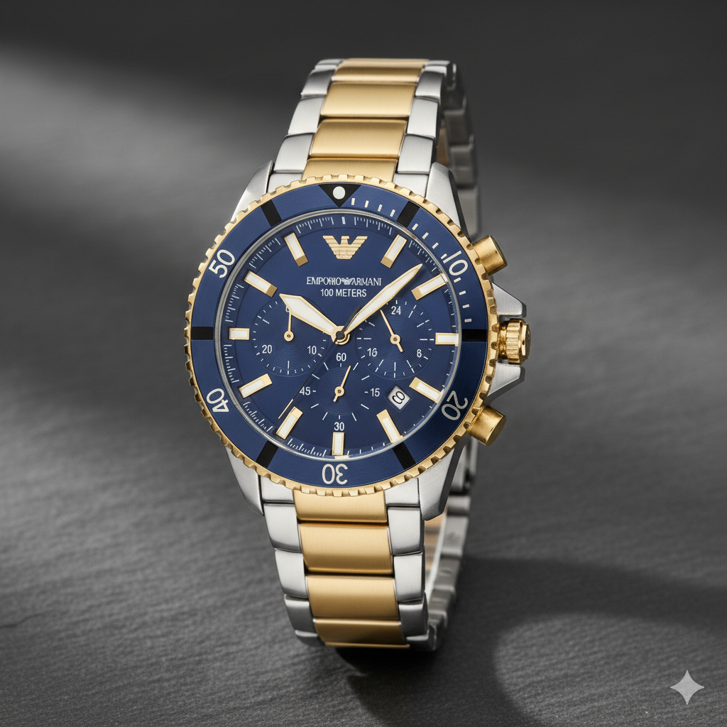 Emporio Armani Luxury Chronograph Watch – Blue Dial with Gold & Silver Strap