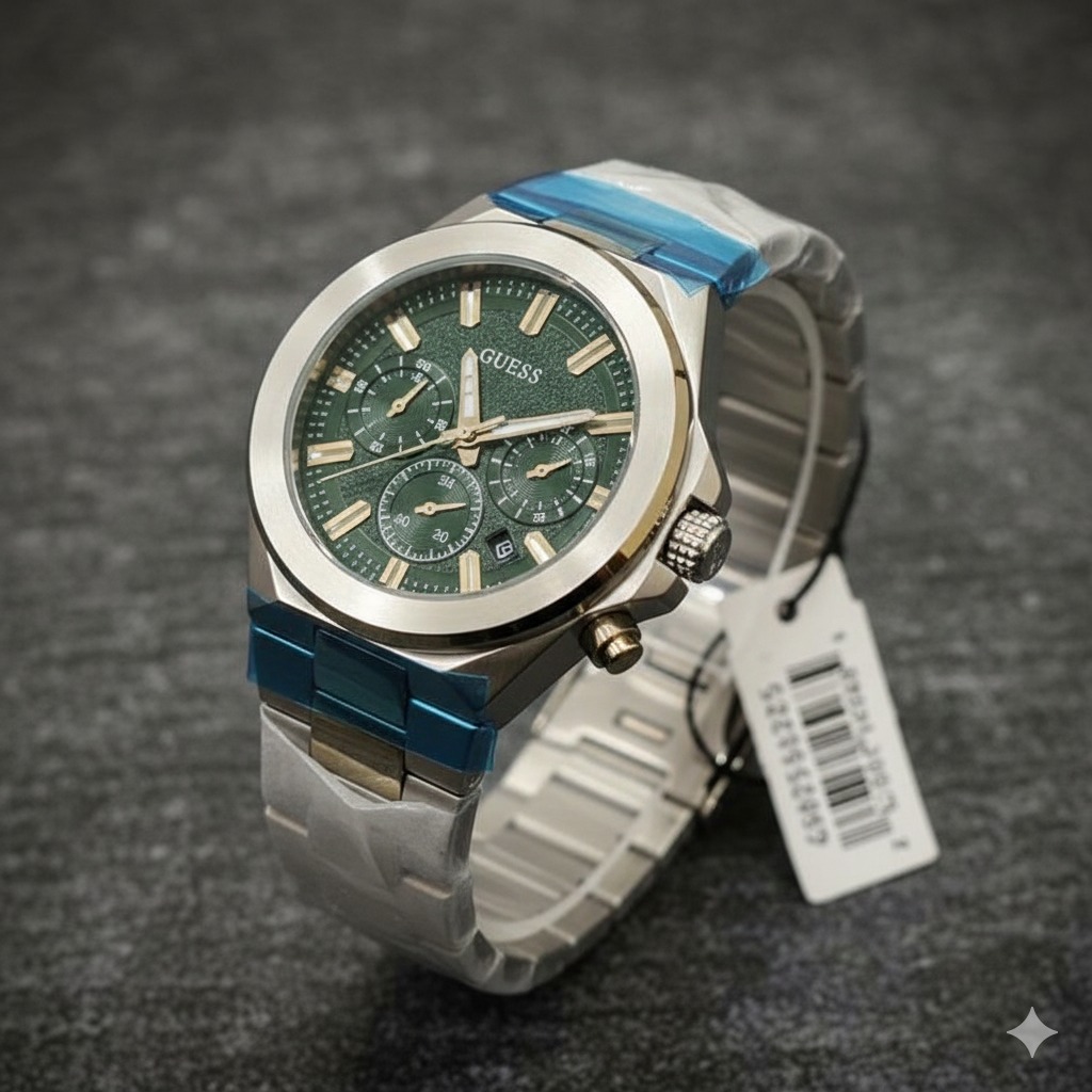 GUESS Luxury Green Dial Chronograph Watch – Premium Stainless Steel Strap