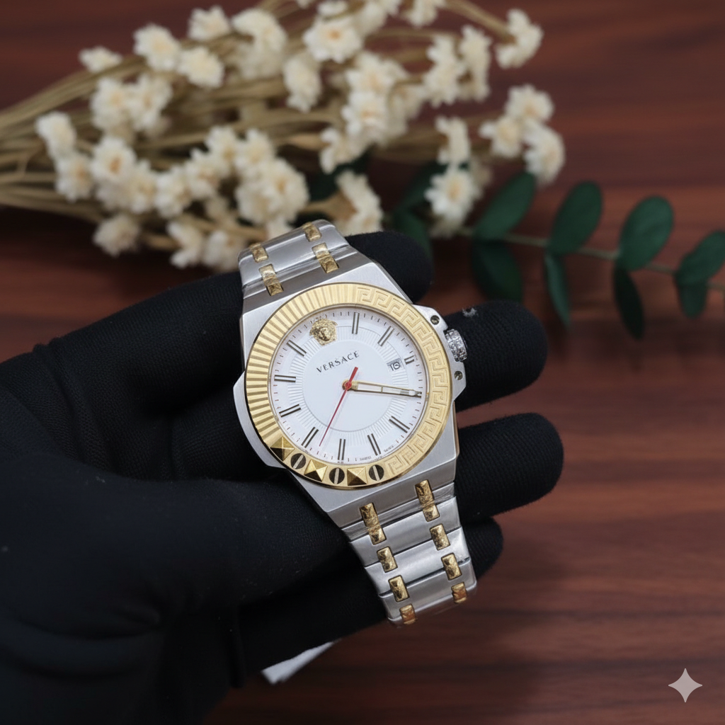Versace Luxury Two-Tone Watch – White Dial with Gold Greek Key Bezel & Silver Bracelet