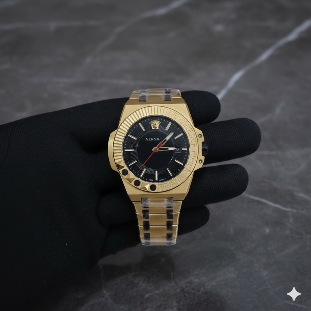Versace Gold Luxury Watch Black Dial with Iconic Medusa Design