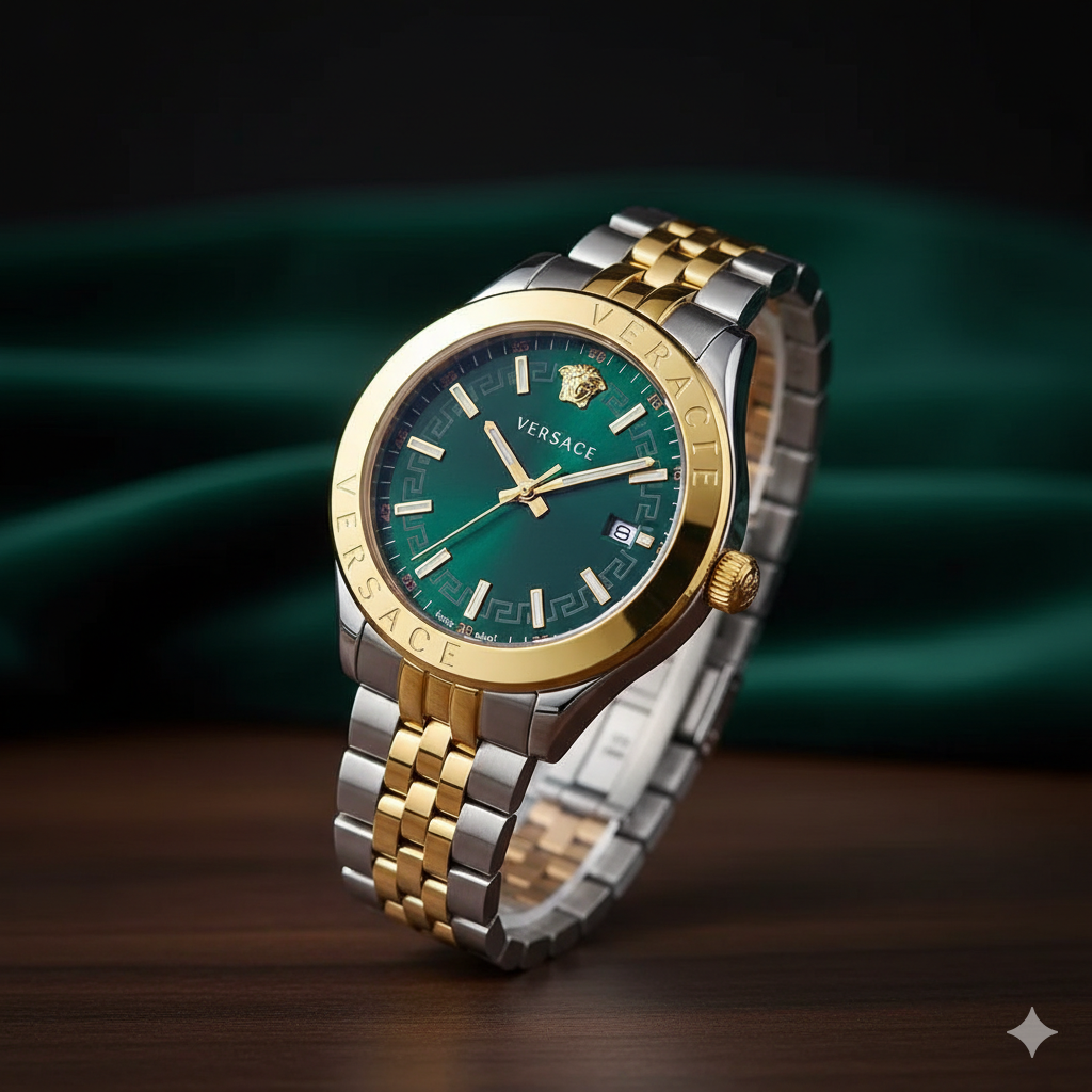Versace Two-Tone Luxury Watch Green Dial & Gold Bezel Premium Timepiece