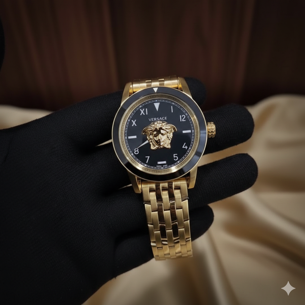 Versace Gold Luxury Watch  Black Dial Medusa Logo Premium Timepiece