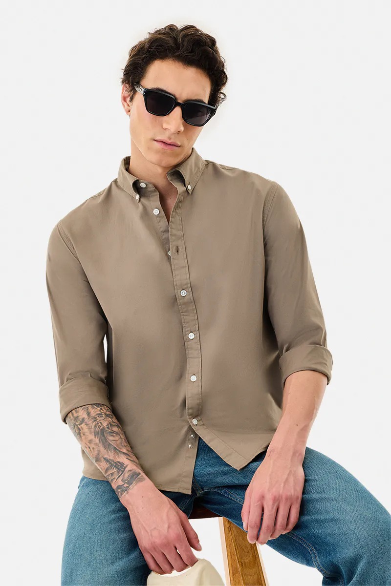 Drezola Best Oxford Men’s Classic Slim-Fit Button-Down Shirt – Beige Colour