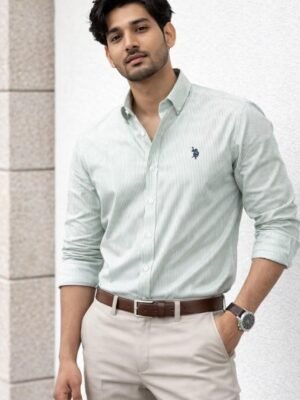 US Polo Men’s Mint Green Striped Cotton Shirt